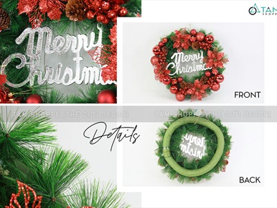 Vòng nguyệt quế Noel 4 hoa trạng nguyên kim tuyến ĐK45cm VNGQ-X-45